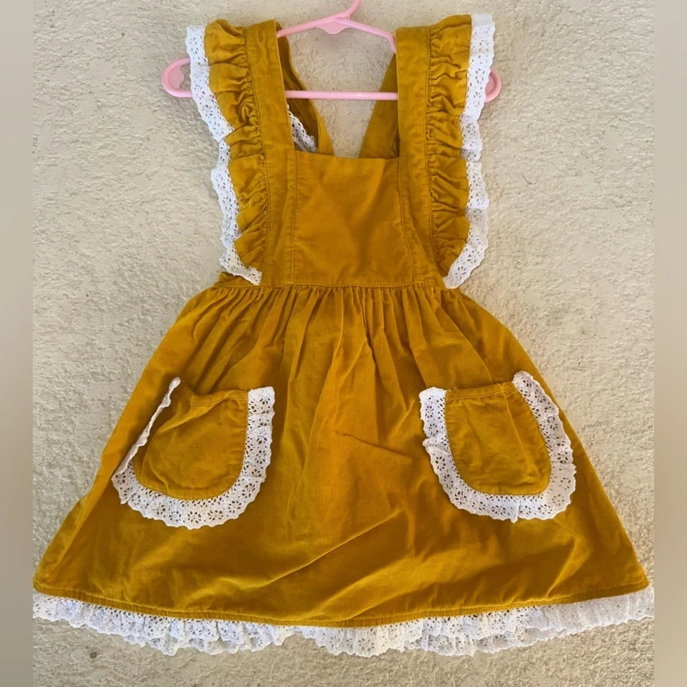 Shrimp & Grits Kids Corduroy Dress 3T Mustard Ruffle Lace Pinafore Boutique
